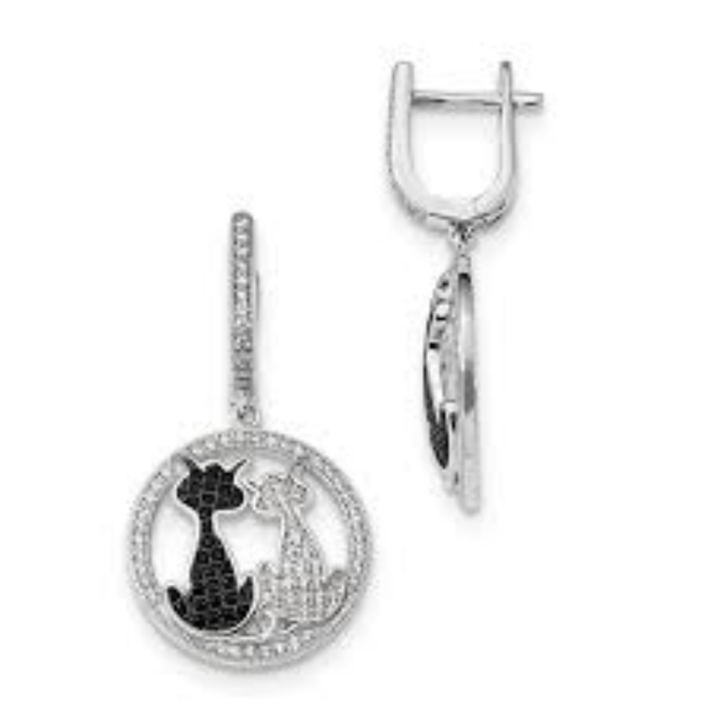 Sterling Silver RH CZ Brilliant Embers Love Cats Dangle Hinged Hoop Earrings